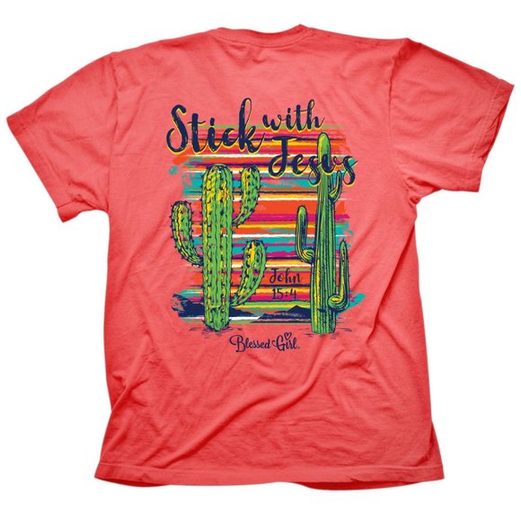 Blessed Girl Tee Cactus Print Bright Coral Stick With Jesus T-Shirt L NWT - Picture 2 of 4